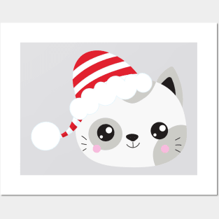 Christmas Cat, Cute Cat, Cat With Hat, Santa Hat Posters and Art